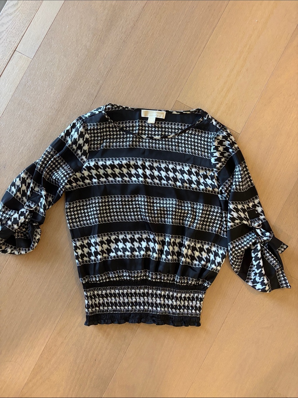 Michael Kors Black and White Houndstooth Tie-Sleeve Kids Top
